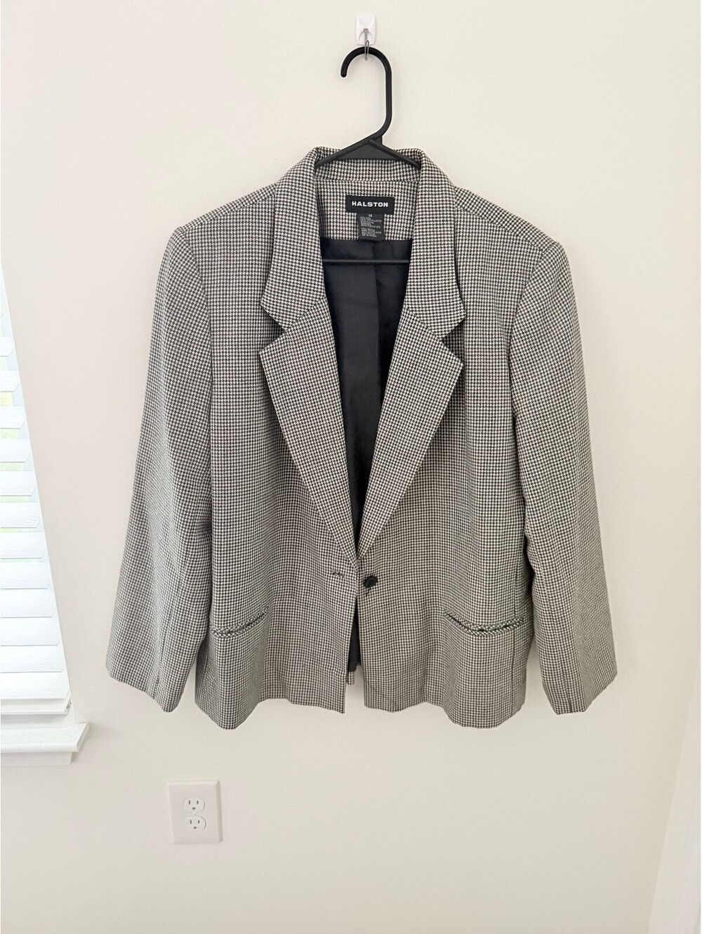 Halston Houndstooth Wool Blazer | Size 14 | Black & White Tailored Jacket